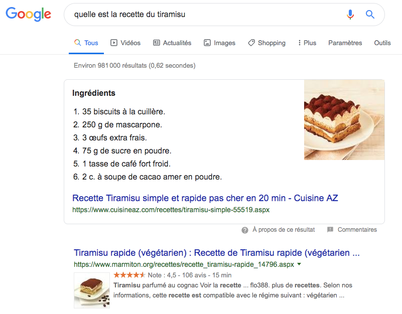 Résultat Google pour la recette du tiramisu